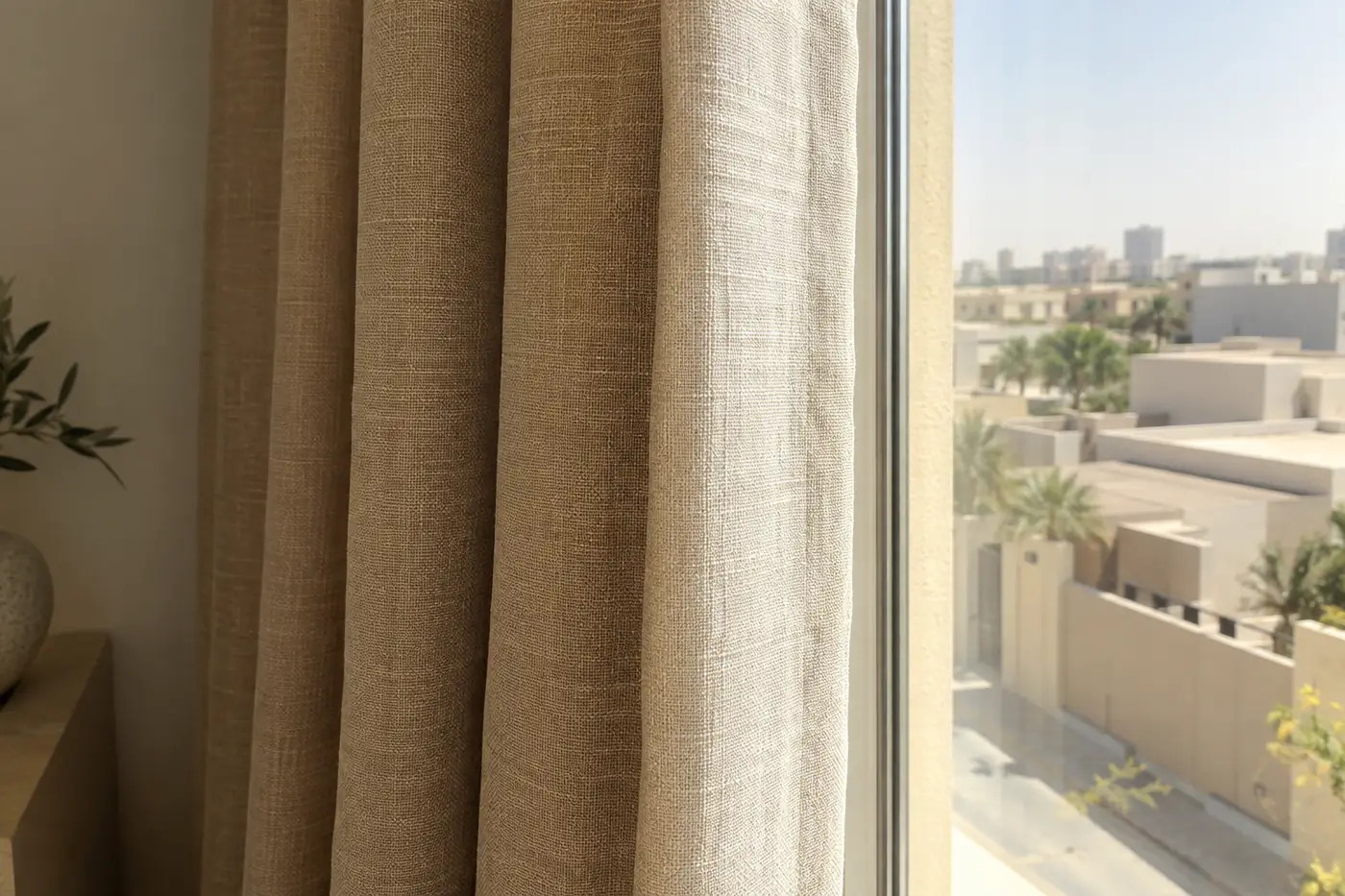 طرف ستارة بيج بهت لونها من جهة زجاج نافذة مشمسة