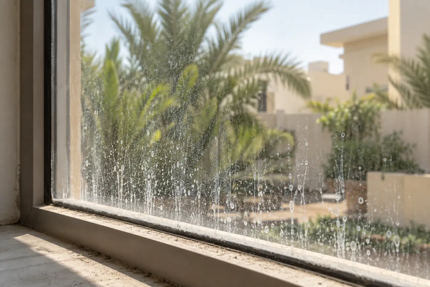 نقاط أملاح بيضاء على أسفل نافذة زجاجية مطلة على حديقة